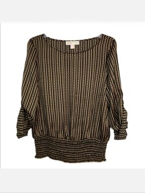 MICHAEL Michael Kors Black/Gold Chain Print Smocked Top, Size M ~ EUC